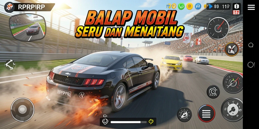 Screenshot utama RPRPRP menampilkan antarmuka balap mobil yang menarik dan dinamis.
